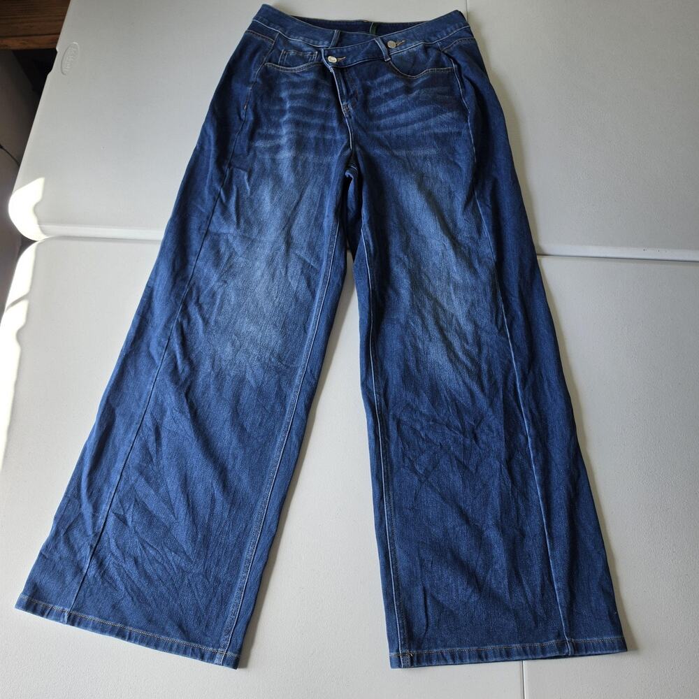 Halara Jeans Womens Large Blue High Rise Wide Leg Cross Front Stretch Denim